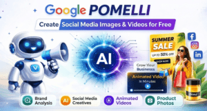 Illustration of Google Pomelli AI marketing tool with robot assistant creating social media images, animated videos, brand analysis, and product photos.